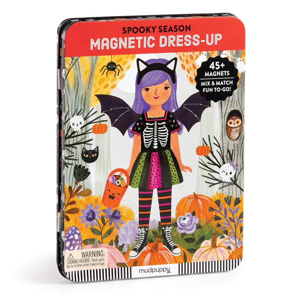 Halloween-themed magnetic dress-up toy packaging with a girl in a costume and spooky decorations.