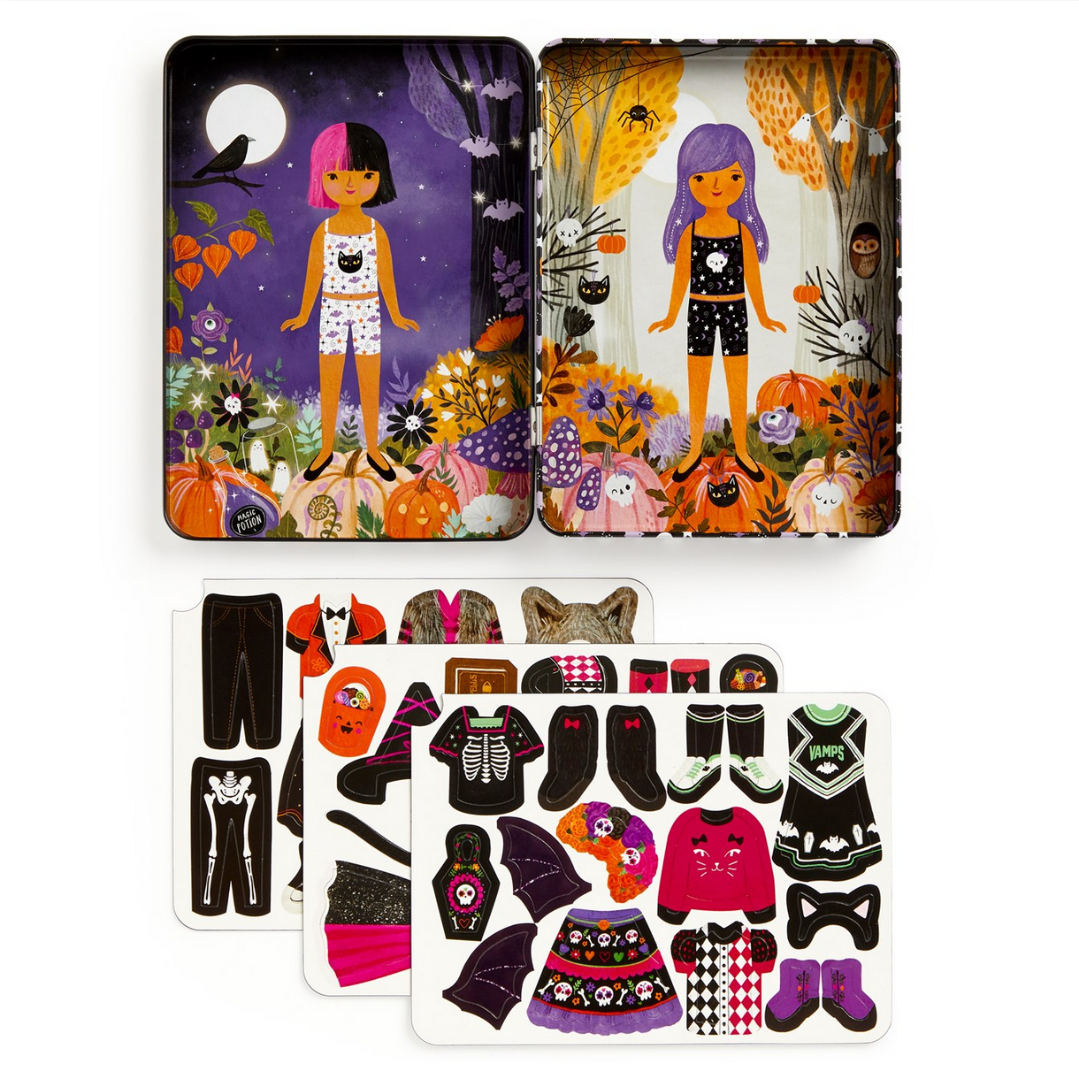 Toy packaging with two character tins and a sheet of colorful clothing stickers on a white background.