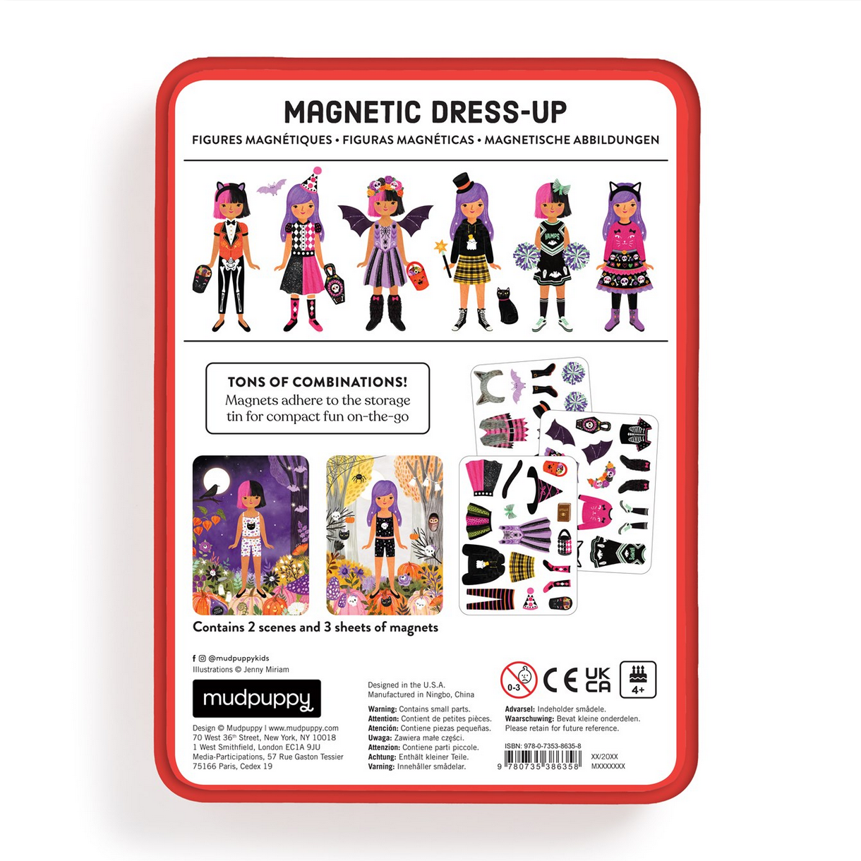 Magnetic dress-up toy packaging with figures and accessories on a white background