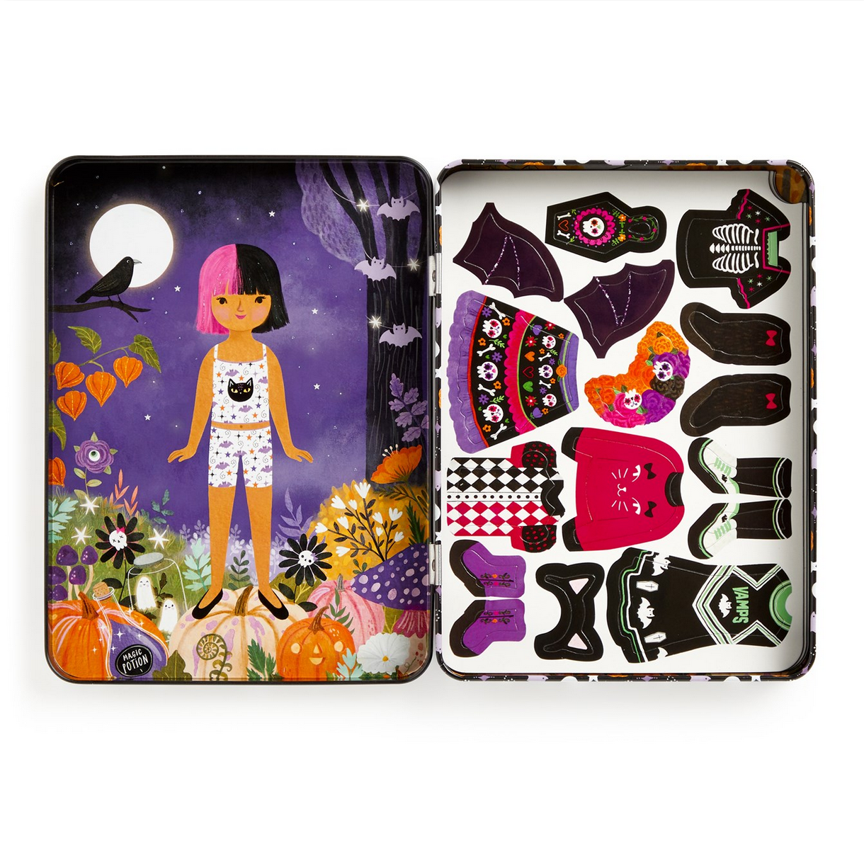 Halloween-themed product with a girl illustration and costume designs on a white background