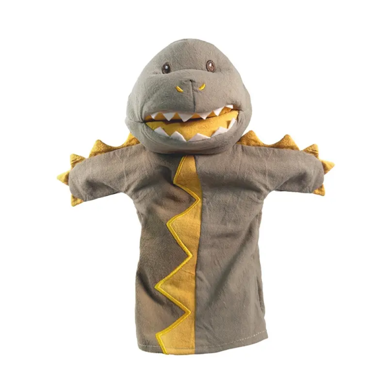 Gray dinosaur costume with yellow accents on a white background