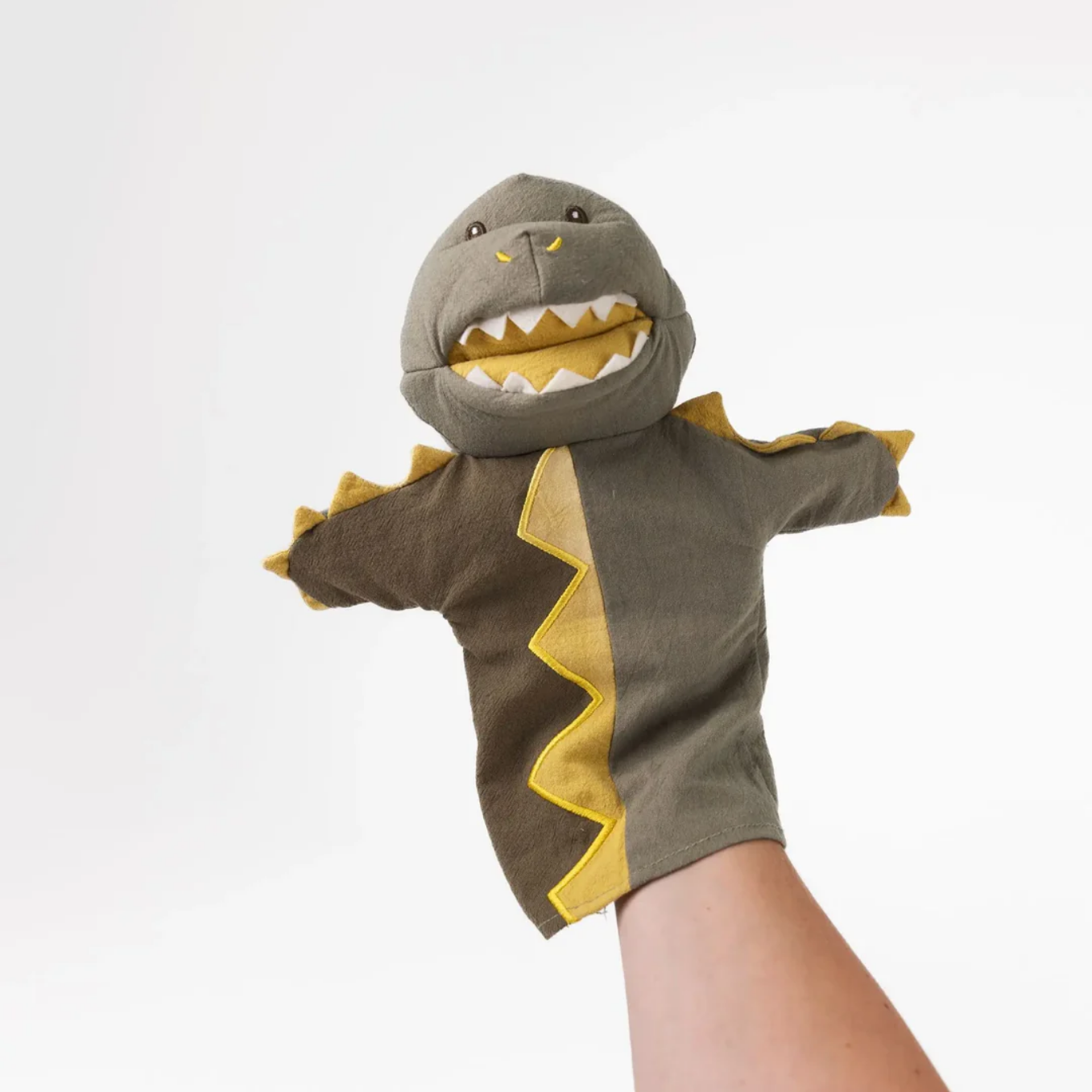 Hand puppet shaped like a dinosaur with a gray body and yellow accents on a white background