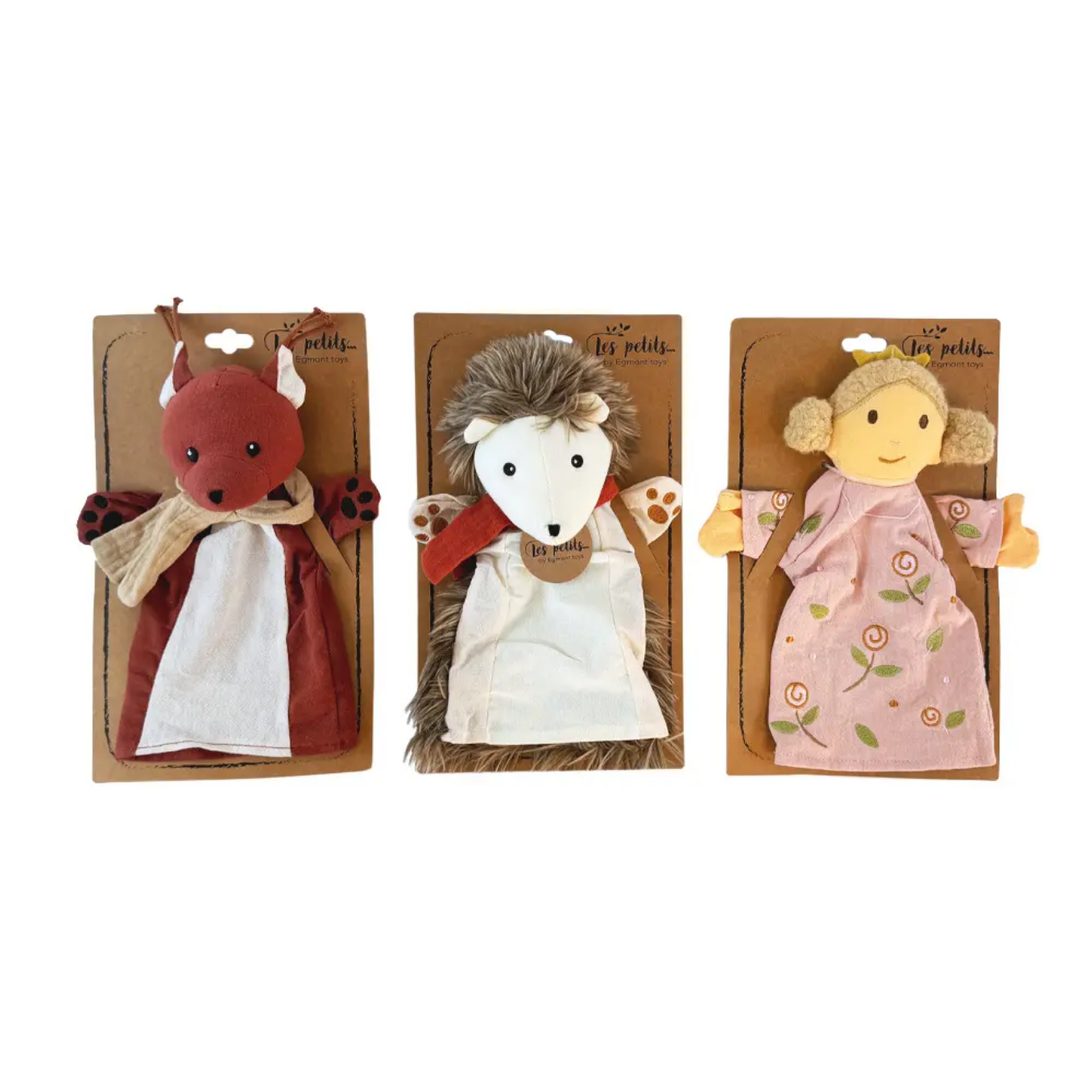 Three plush puppets in packaging on a white background