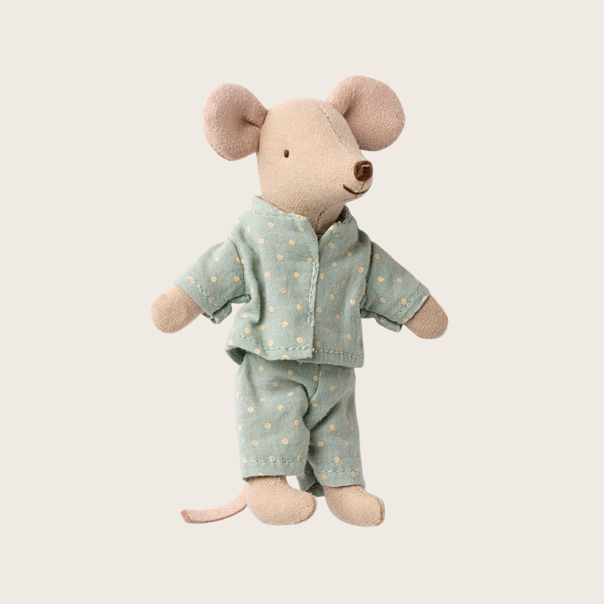 Stuffed toy mouse in a light blue outfit on a website page