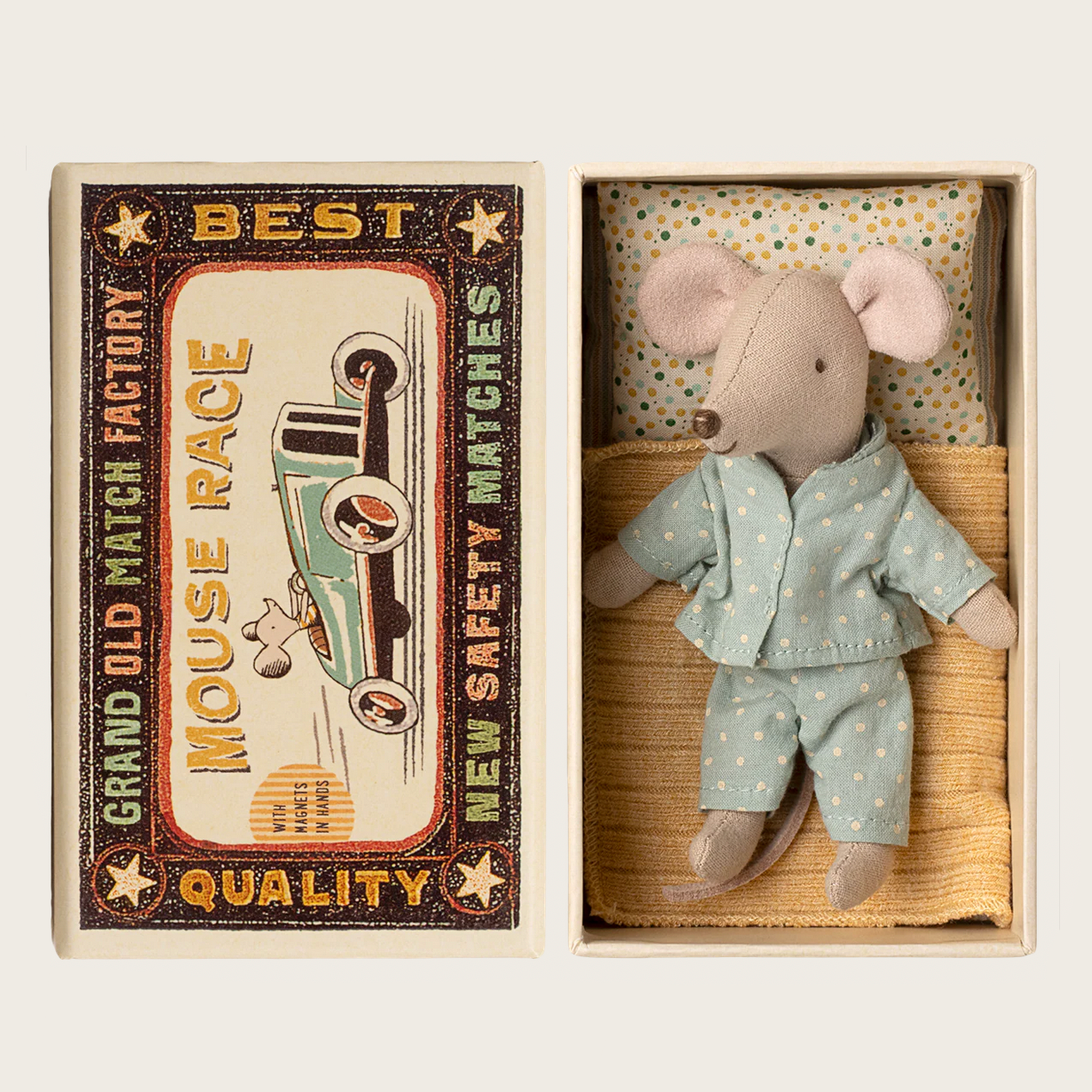 Toy mouse in a matchbox with packaging labeled 'Best Grand Old Match Factory' 