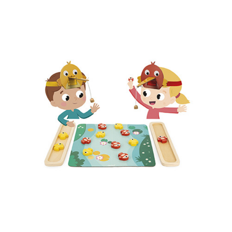 Children playing with a board game featuring cartoon characters on a white background