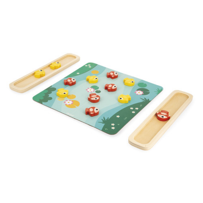 Wooden GAME with colorful fish pieces on a green board with floral design, on a white background.