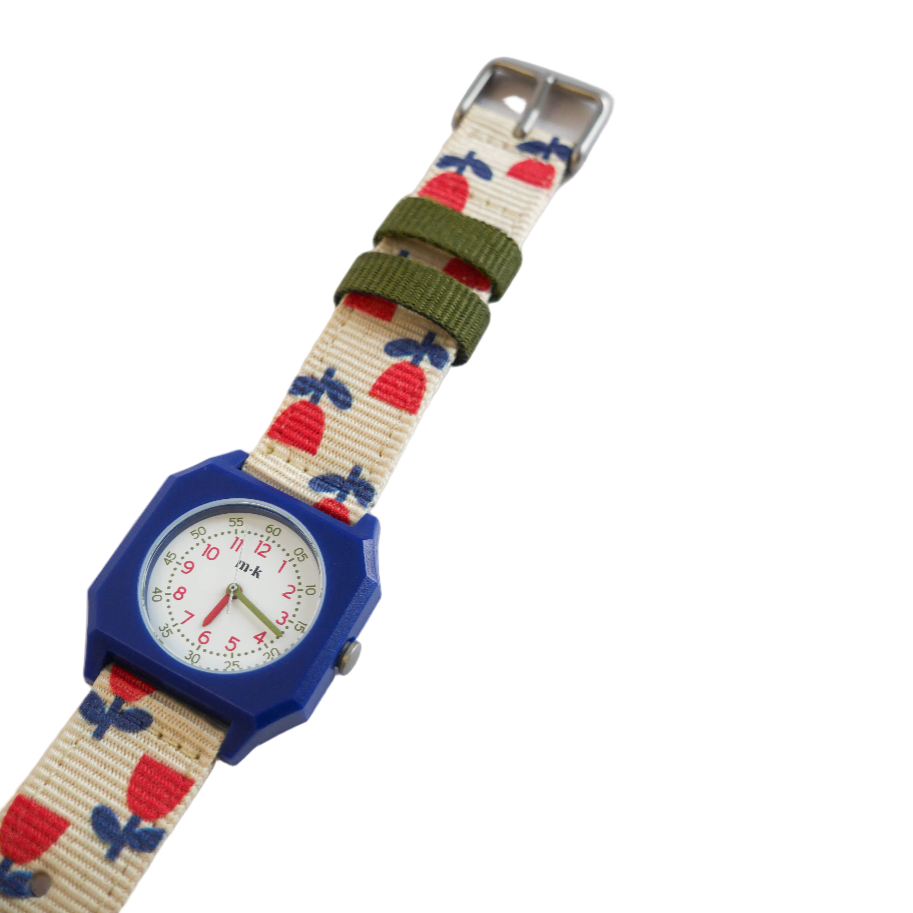 Colorful watch with a patterned strap on a white background