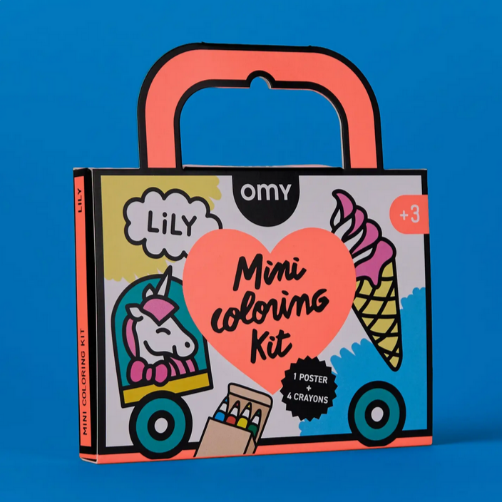 Omy mini coloring kit with handle on a blue background