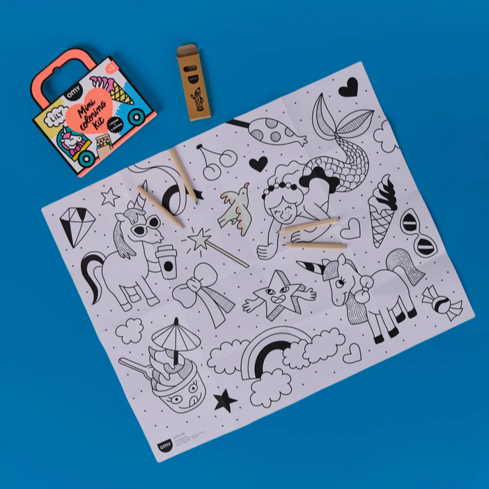 Coloring sheet with various illustrations on a blue background