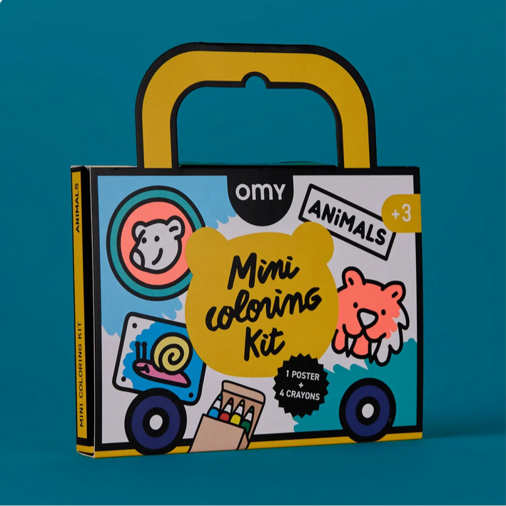 Omy mini coloring kit with animals on a blue background