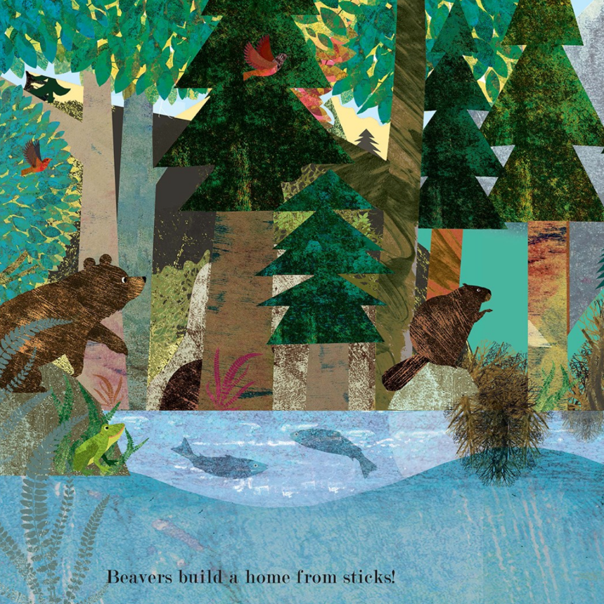 Illustration of a forest scene with trees, animals, and water, featuring a beaver building a home.