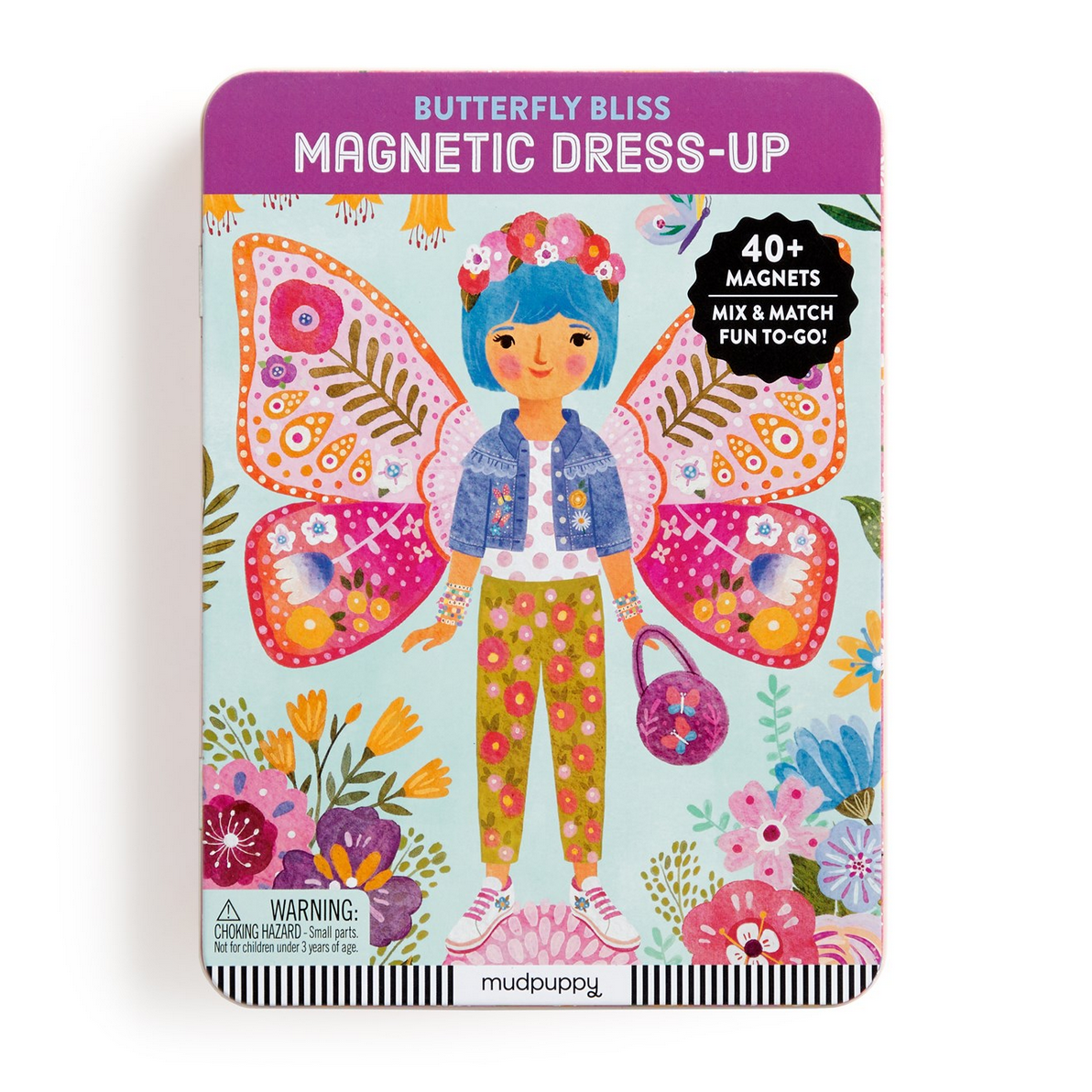 Magnetic dress-up kit packaging with a colorful design of a girl in butterfly wings and flowers, featuring the brand 'Mudpuppy'.