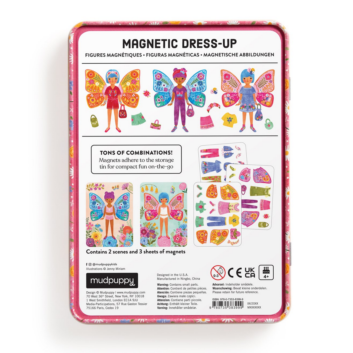 Mudpuppy magnetic dress-up set packaging with colorful illustrations on a white background