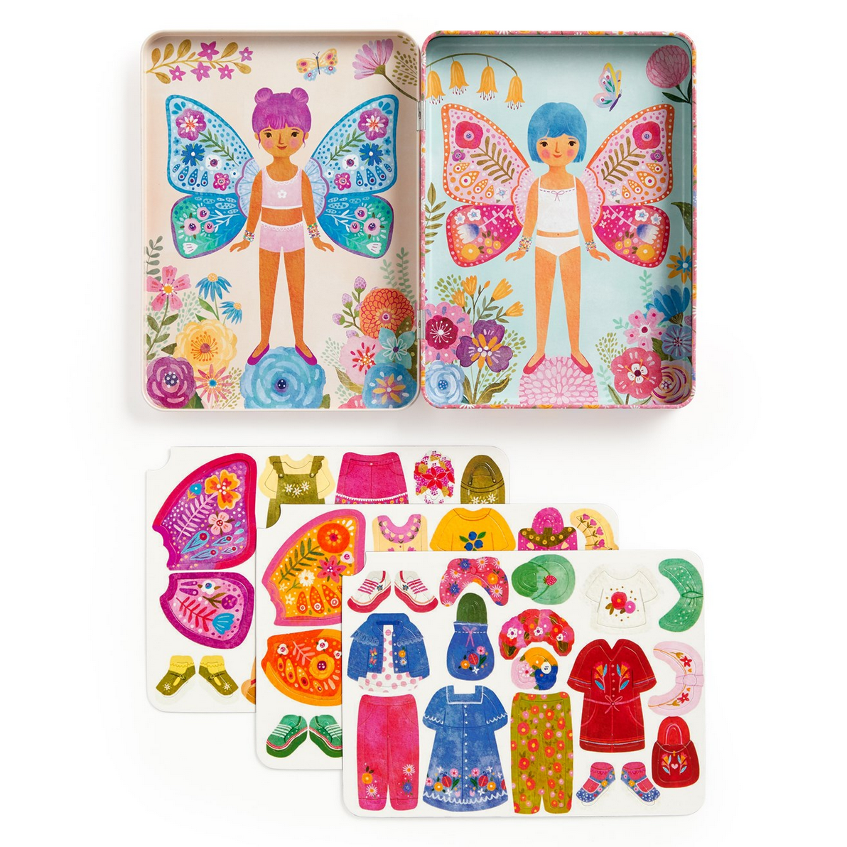 Colorful toy set with fairy figures and clothing pieces on a white background