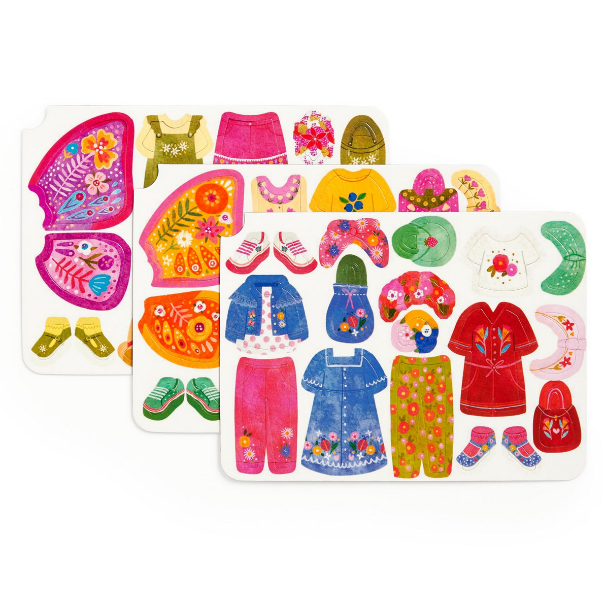 Colorful children's dress-up clothes and accessories on a white background