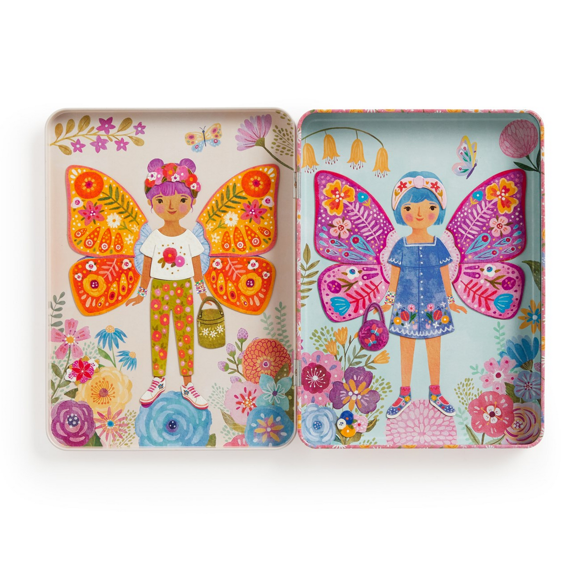 Two colorful tins with illustrations of girls with butterfly wings on a floral background.