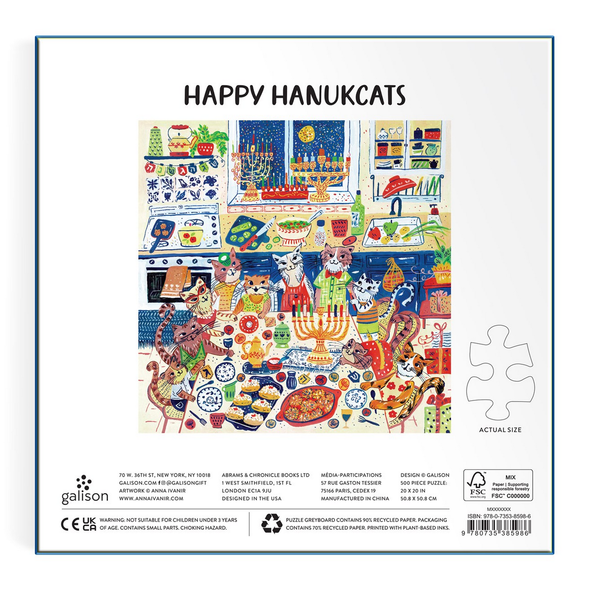 Jigsaw puzzle packaging with 'Happy Hanukcats' design featuring cats around a Hanukkah menorah.