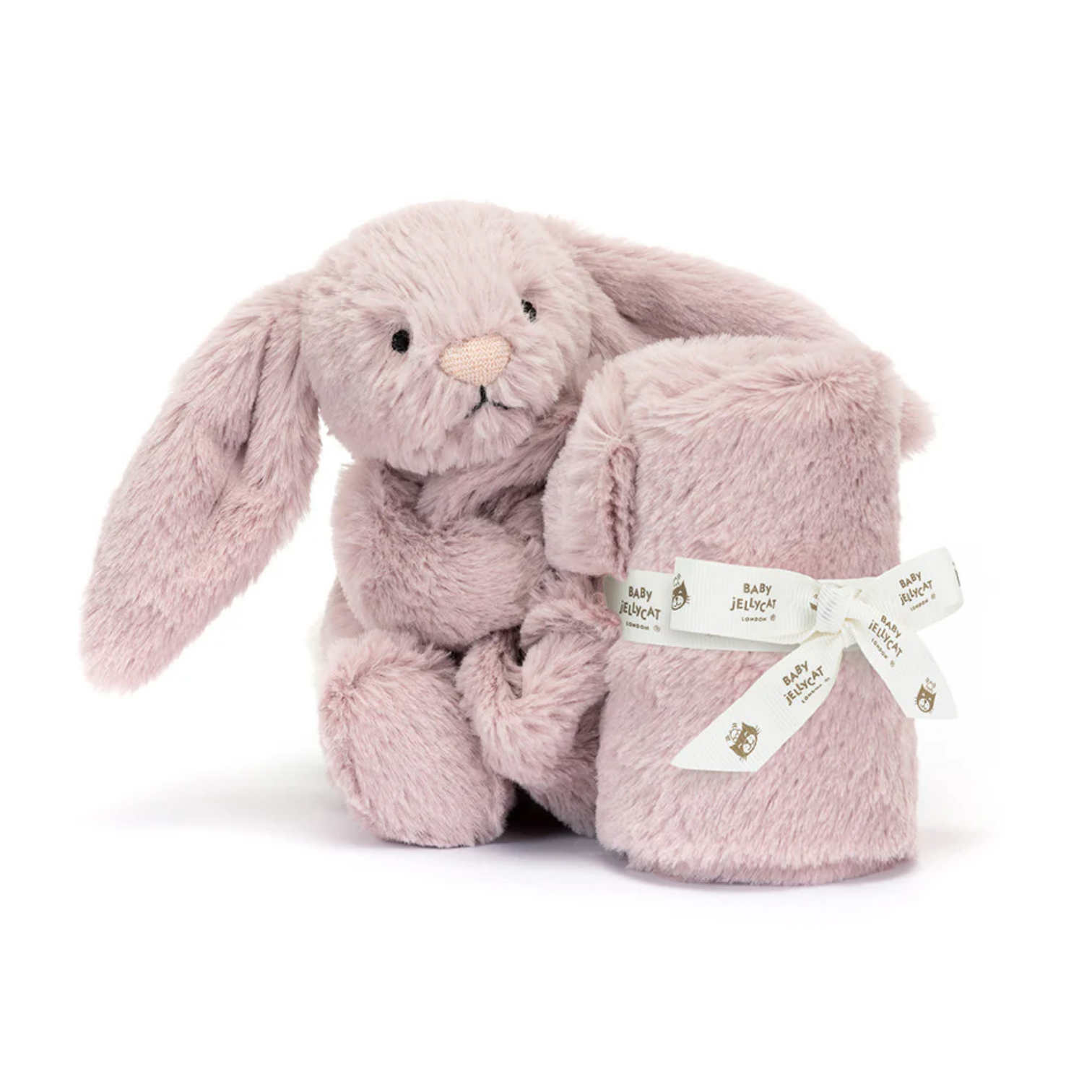 Pink plush bunny with matching blanket on a white background