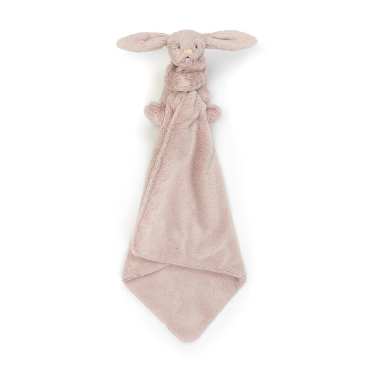 Pink plush bunny toy with a blanket on a white background