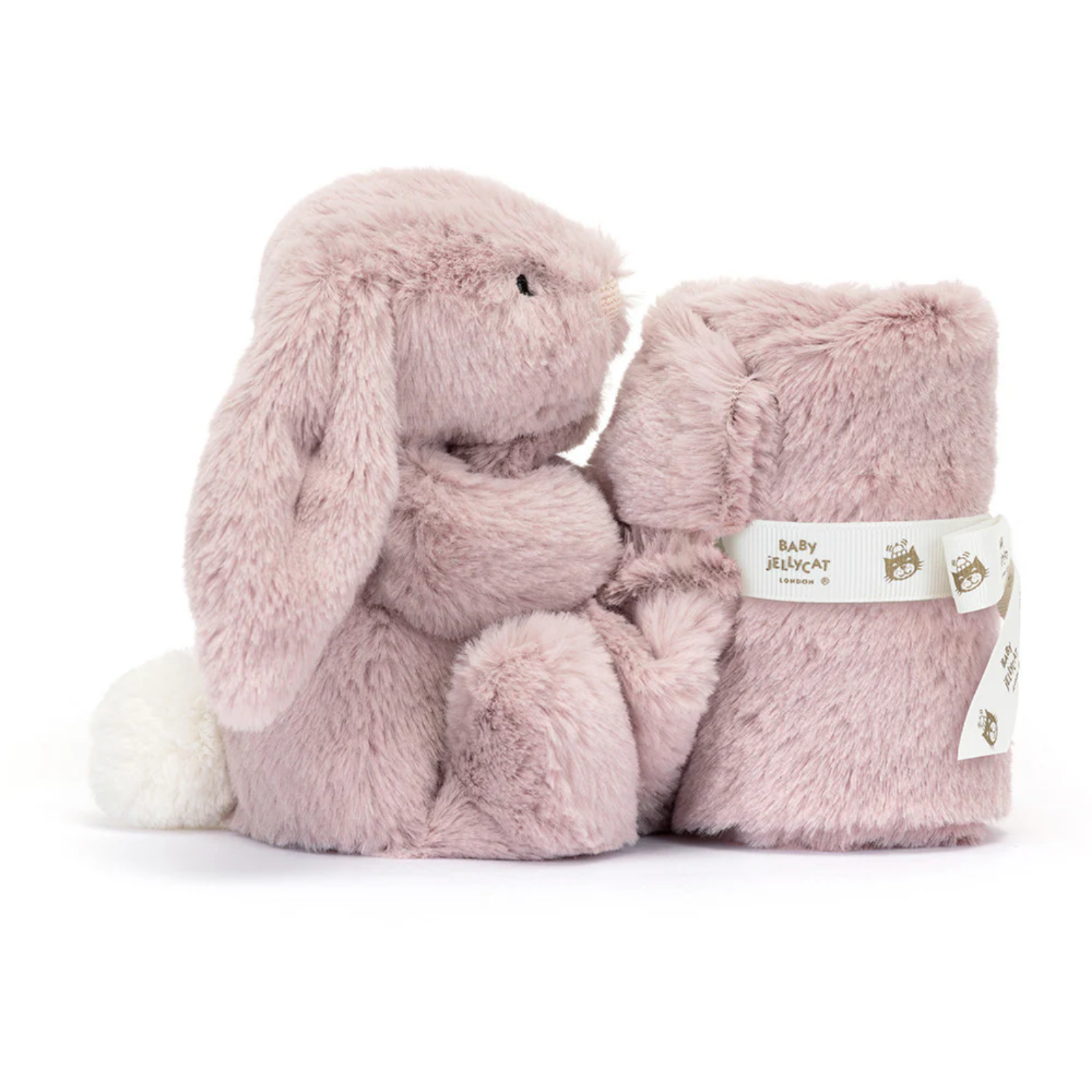 Pink plush bunny with matching blanket on a white background