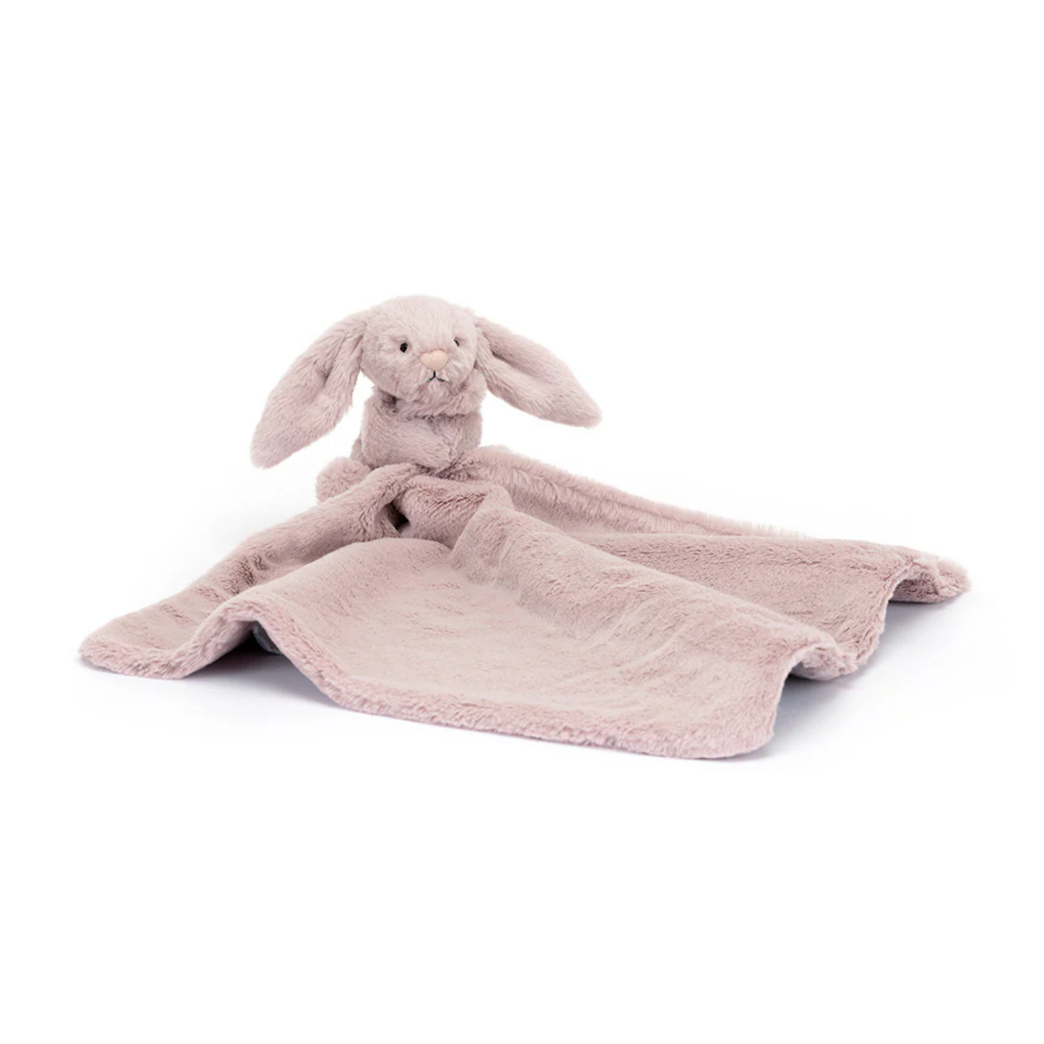 Pink plush bunny with blanket on a white background