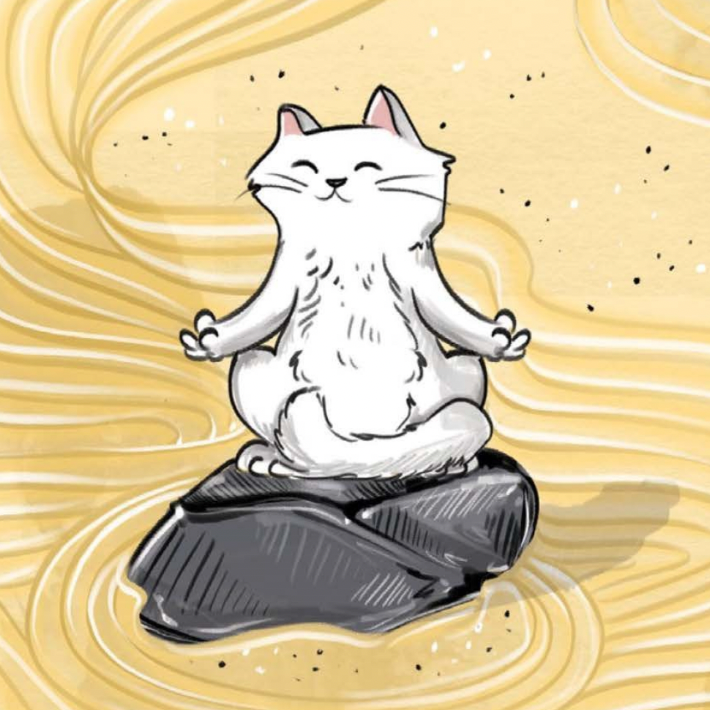 Illustration of a cat meditating on a rock with wavy lines in the background