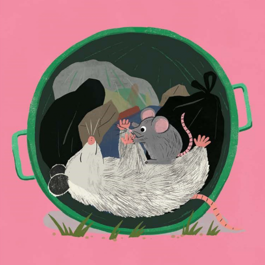 Illustration of a mouse and chicken in a green pot on a pink background