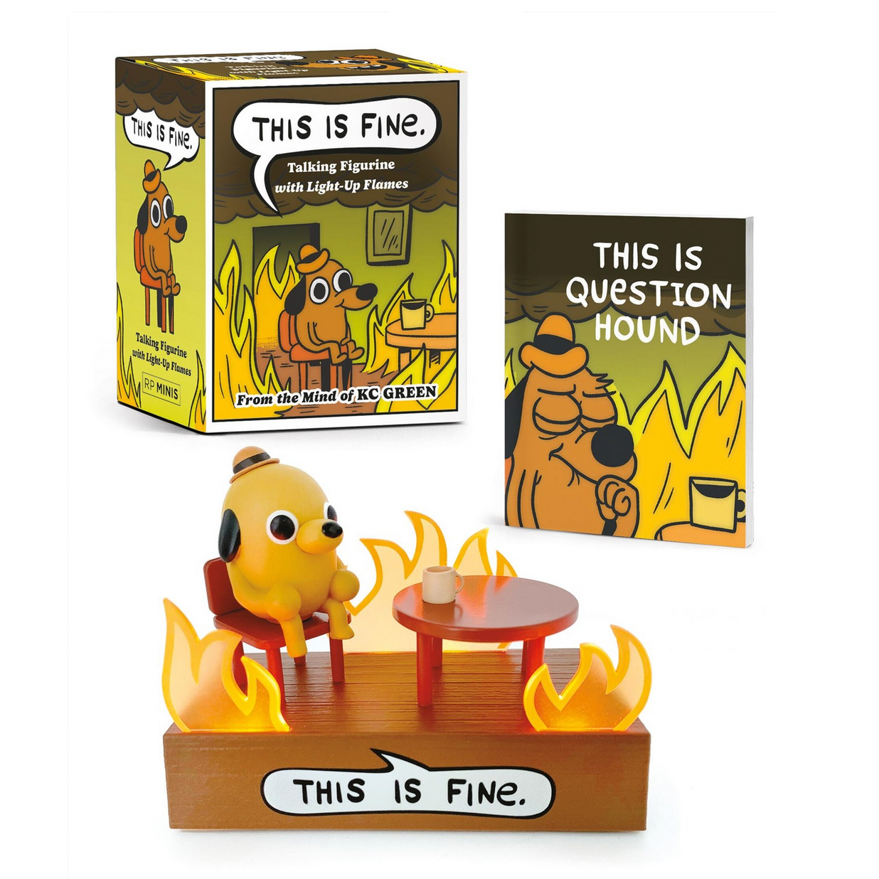 Product display with a figurine, packaging, and posters featuring humorous text on a white background.