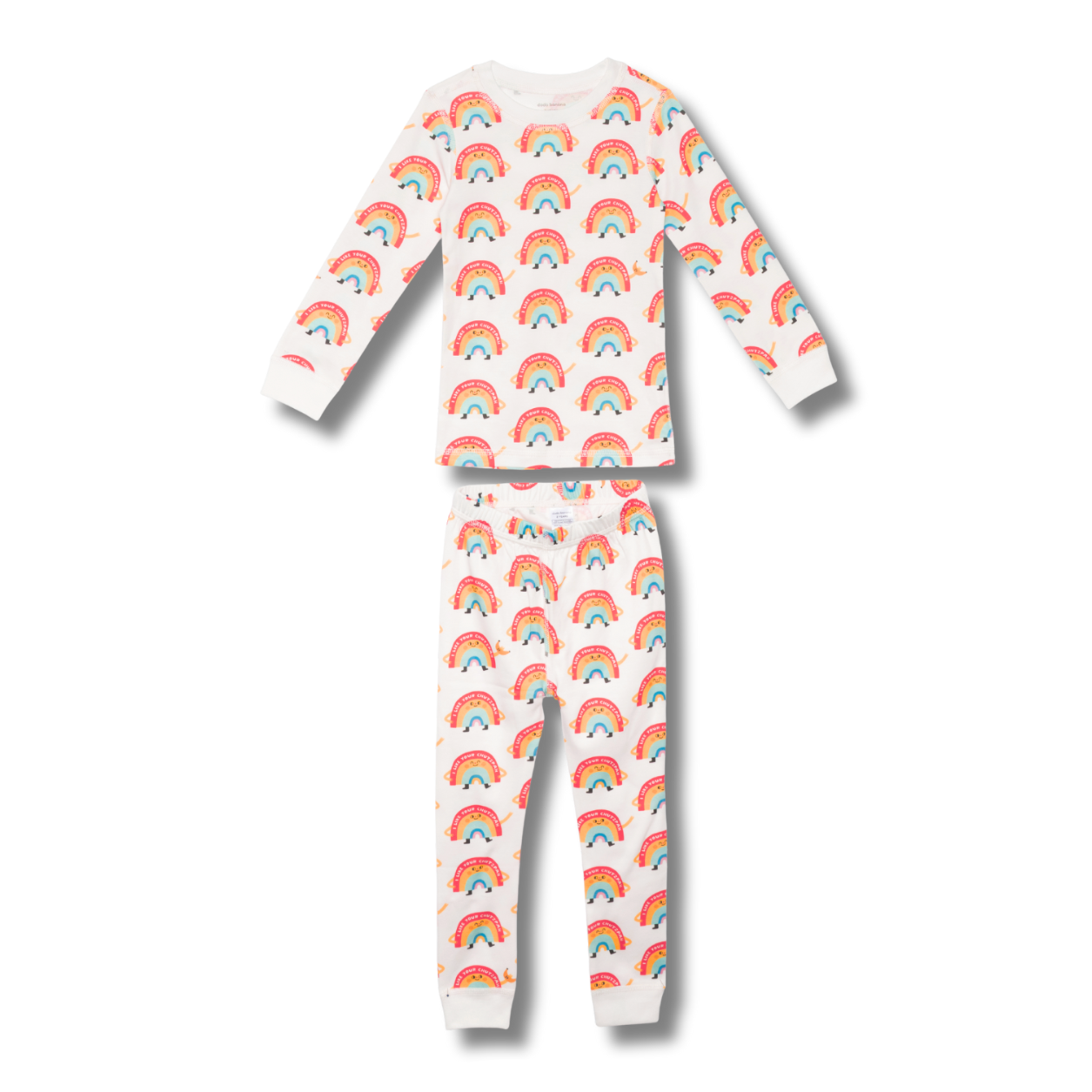Children's pajama set with rainbow pattern on a white background