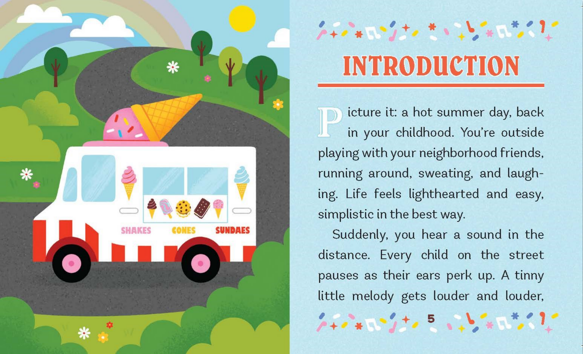 Illustration of an ice cream truck with a hot summer scene and text introduction on a blue background.