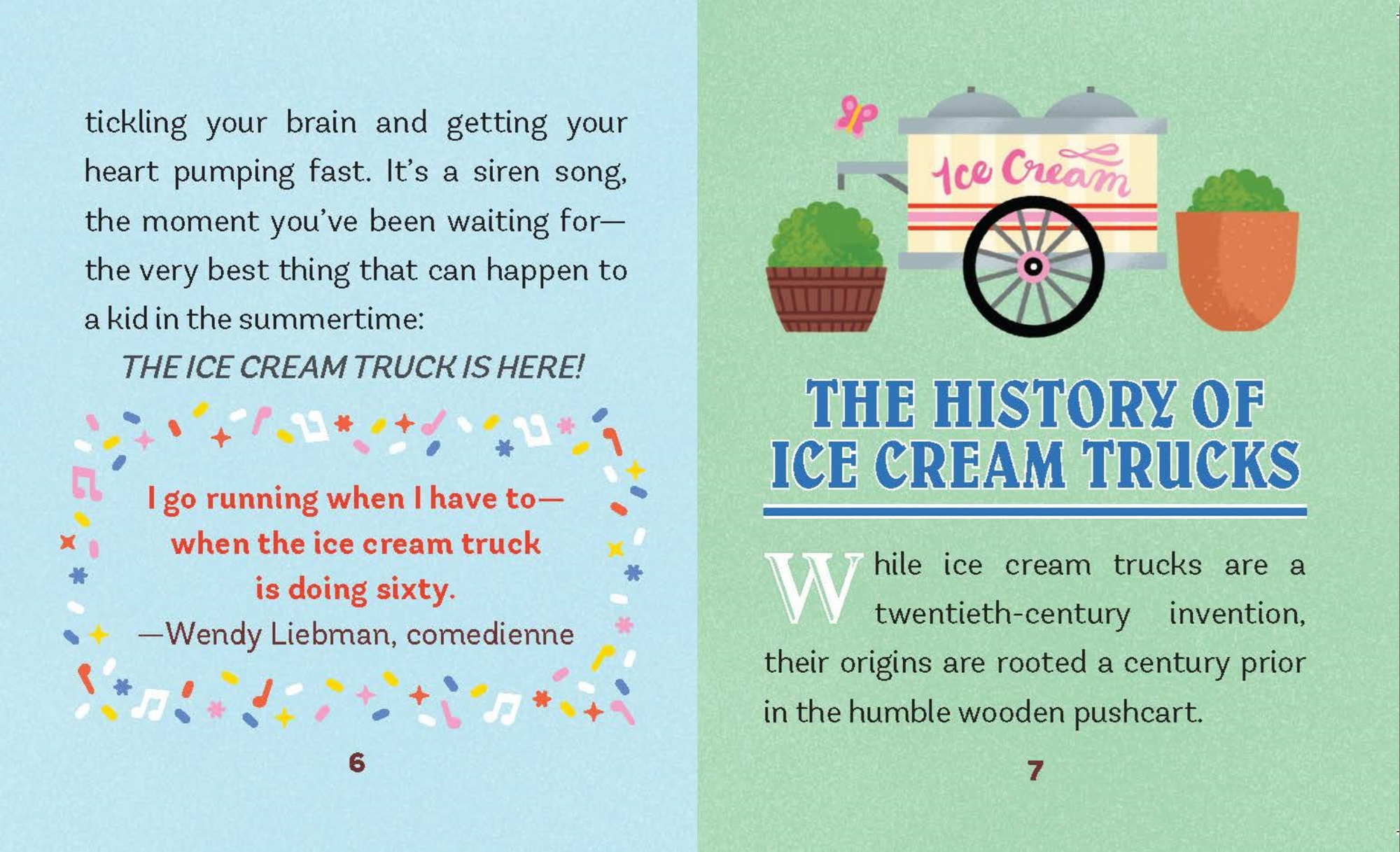 Book page about the history of ice cream trucks with text and graphics.