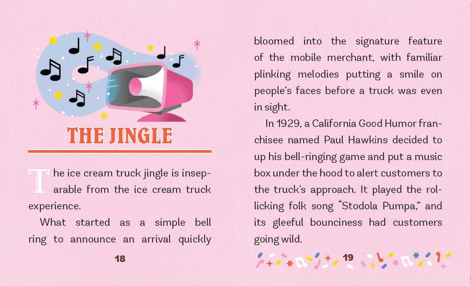 Book page with text about ice cream truck jingles and a graphic of a bell and ice cream truck.