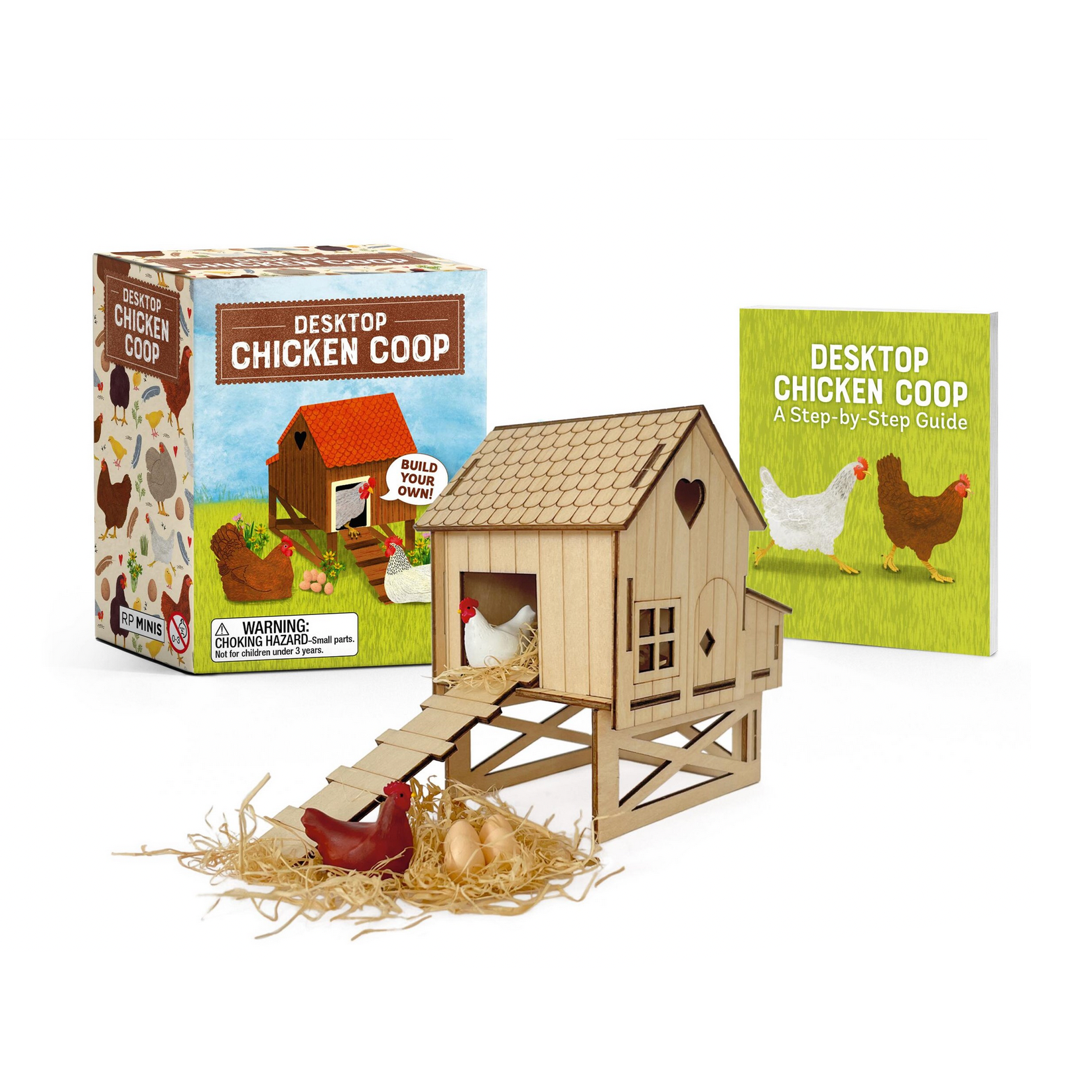 Desktop chicken coop with packaging and guide on a white background