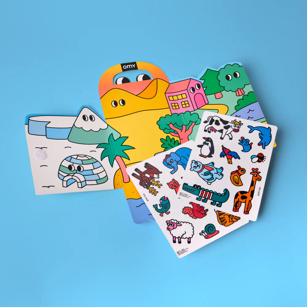 Set of colorful children's stickers on a blue background