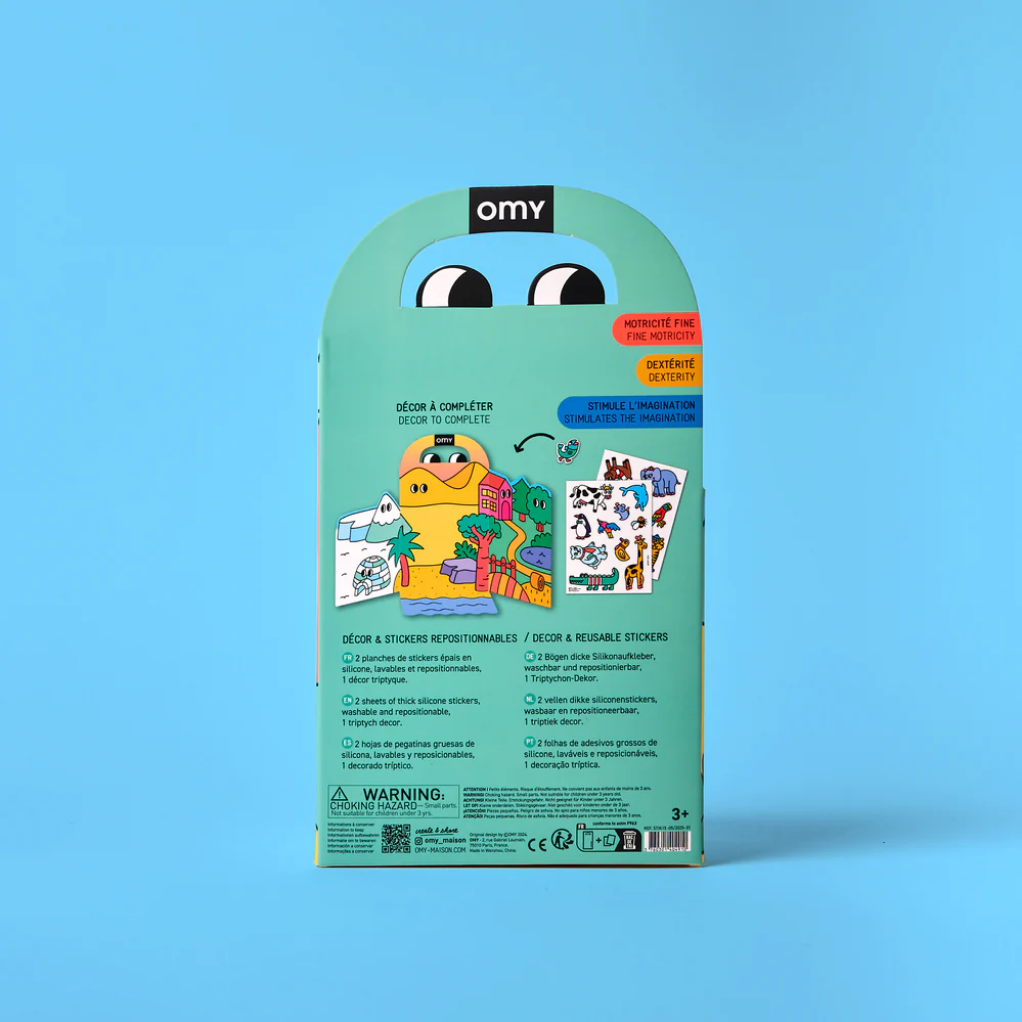 Green packaging with cartoon face on a blue background
