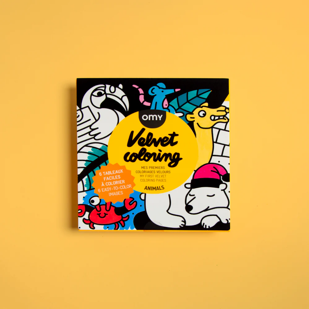 Omy Velvet coloring book with animal illustrations on a yellow background