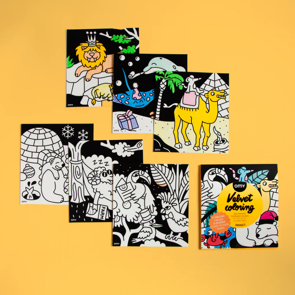 Collection of coloring books with animal illustrations on a yellow background