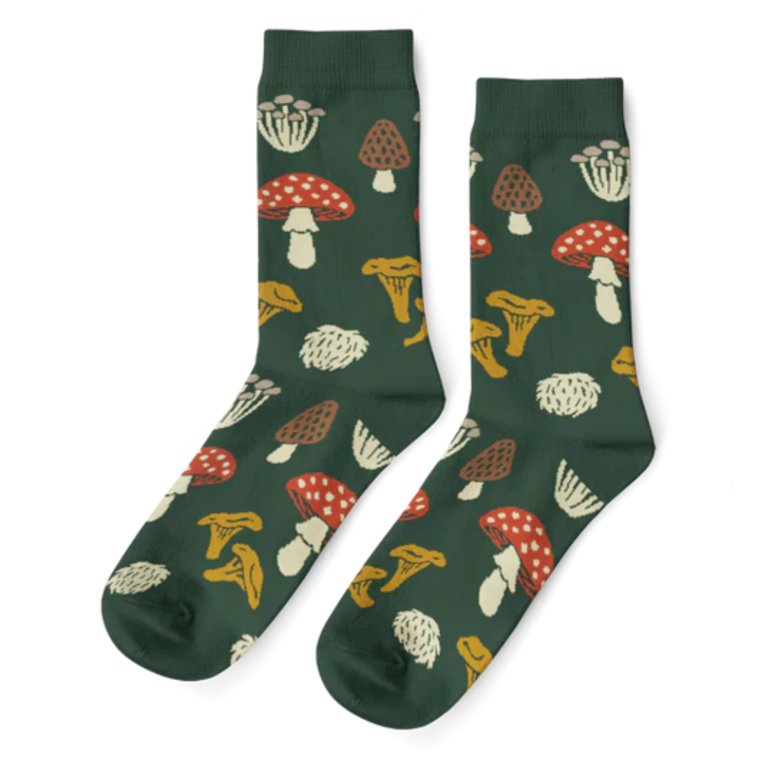Green socks with mushroom pattern on a white background