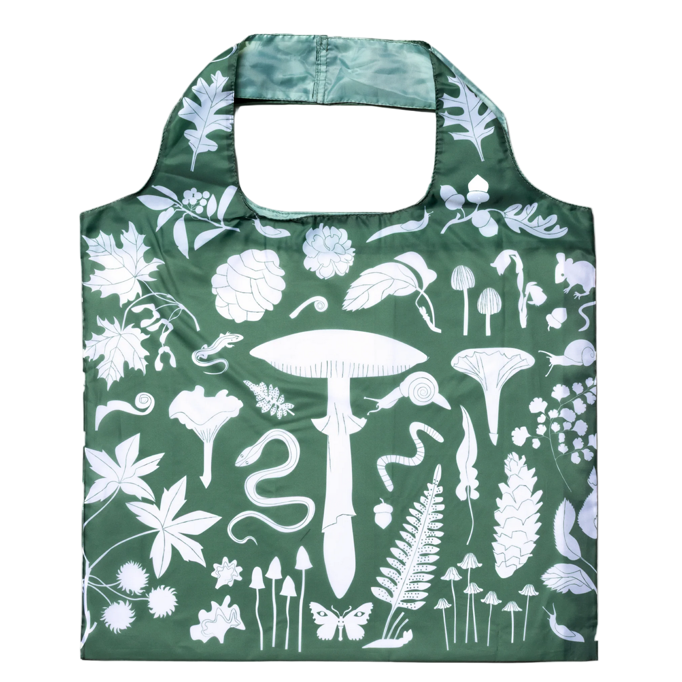 Green tote bag with white floral and mushroom pattern on a white background
