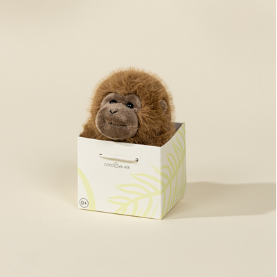Plush monkey toy in a box on a beige background
