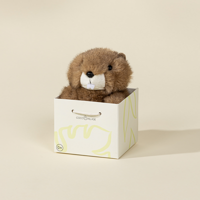 Plush otter toy in a white box with a brand logo on a beige background