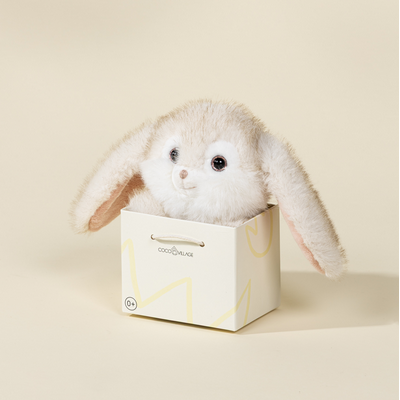 Plush bunny toy in a box on a beige background