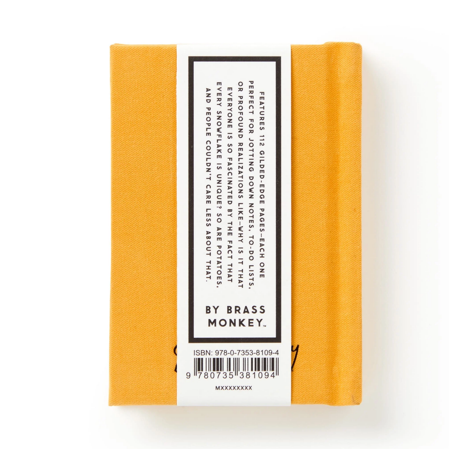 Mustard yellow book with a white label featuring text and 'Brass Monkey' branding on a white background