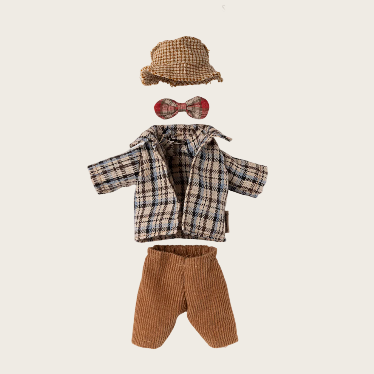Doll outfit with jacket, pants, hat, and bow tie 
