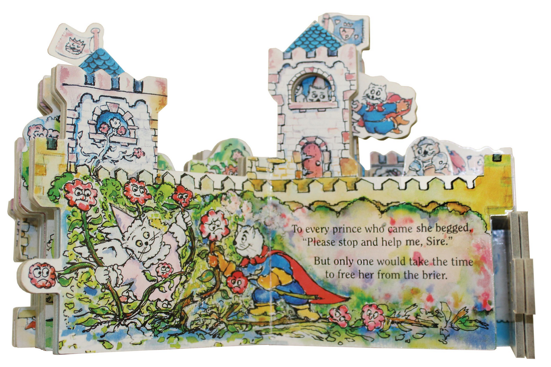 Colorful children's book with castle design and fairy tale text on a white background