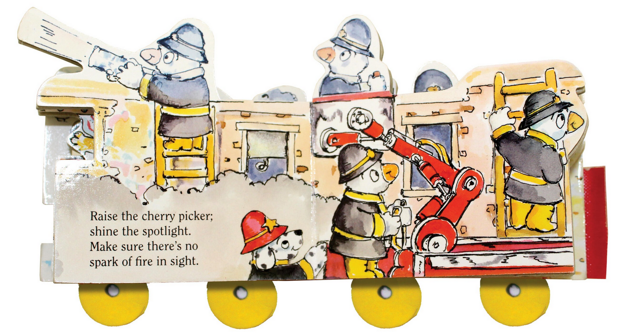 Illustration of firefighters on a fire truck with text about firefighting.