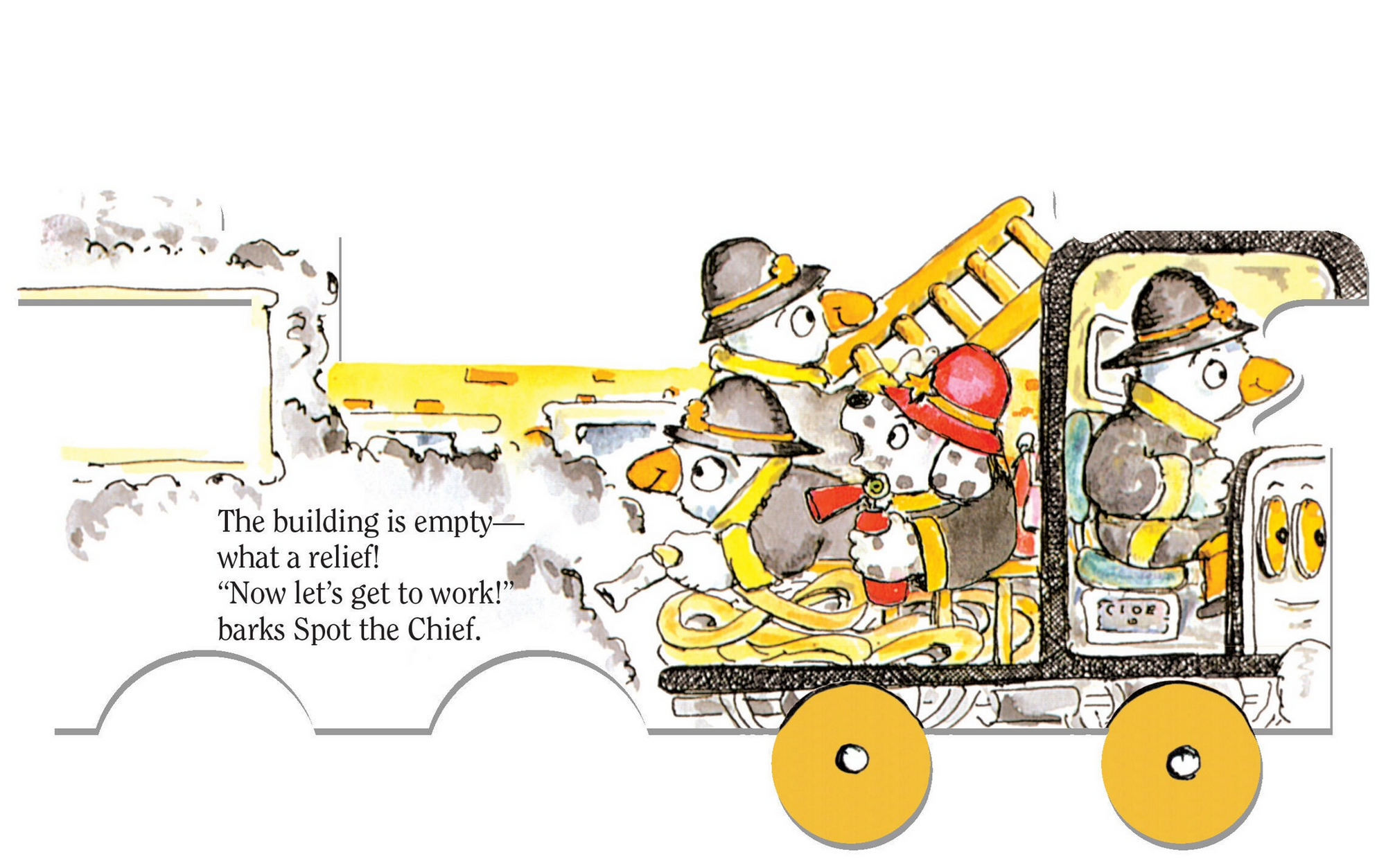 Illustration of penguins on a fire truck with text about a building being empty.