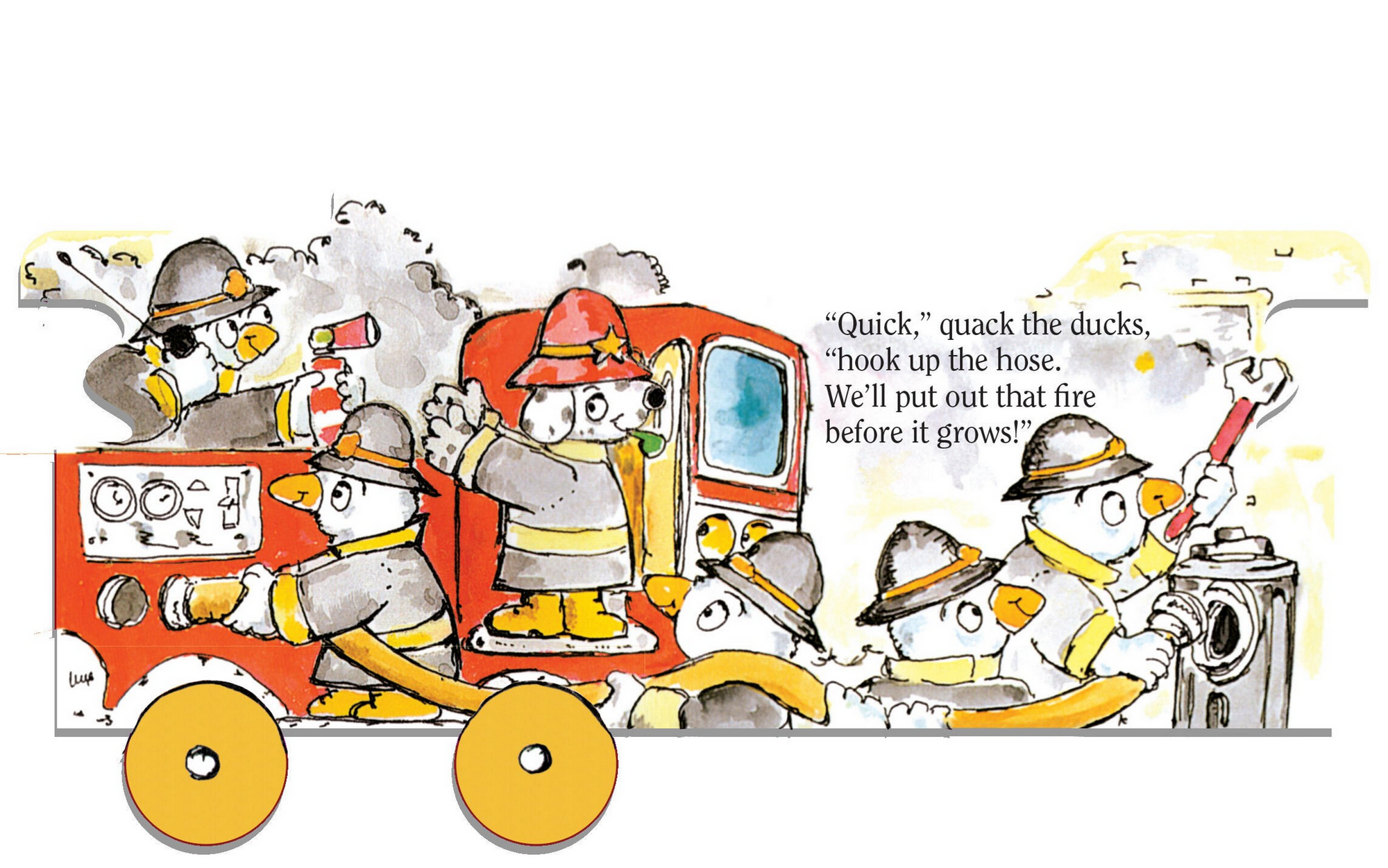 Cartoon illustration of ducks in firefighter gear with a fire truck and hose.