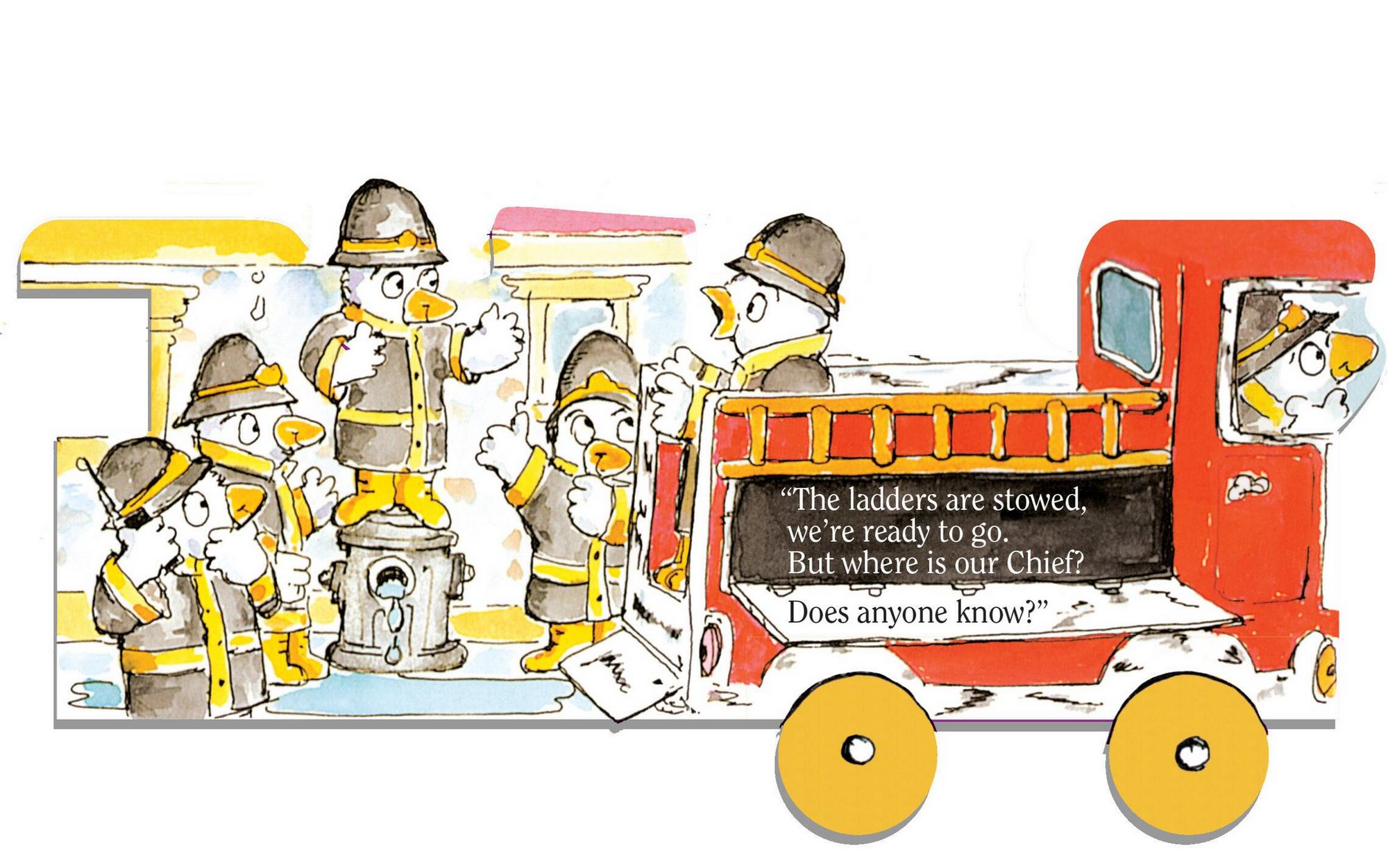 Illustration of a fire engine with firefighters and a question about their chief.